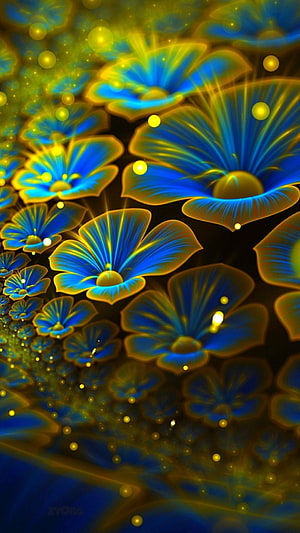 Glowing Blue and Gold Abstract Flowers with Bokeh Light Effects HD phone wallpaper