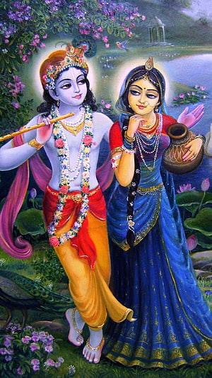 Radha Krishna Painting with Flute and Water Pot in a Lush Garden Setting HD phone wallpaper