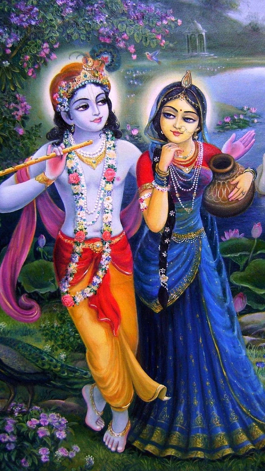 Radha Krishna Painting with Flute and Water Pot in a Lush Garden Setting HD phone wallpaper