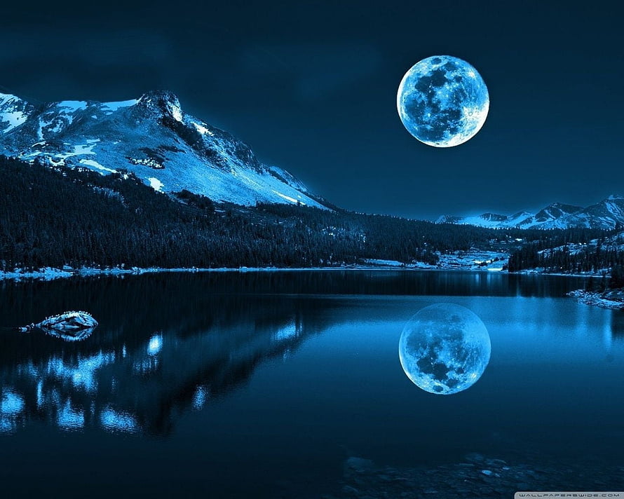 Full Moon Over Snow-Capped Mountains and a Calm Alpine Lake at Night HD wallpaper