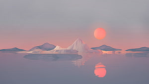 Low Poly Mountain Landscape with Pink Sun and Calm Water Reflection HD wallpaper