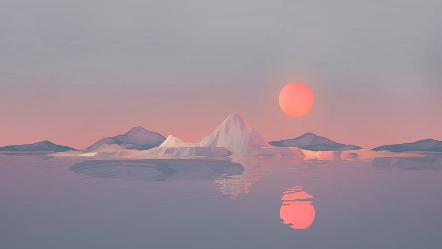 Low Poly Mountain Landscape with Pink Sun and Calm Water Reflection HD wallpaper