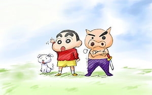 Crayon Shin-chan Anime Illustration Featuring Shin, Shiro, and a Pig Character in a Watercolor Style HD wallpaper