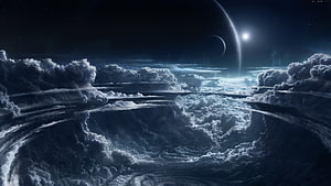 Eerie Cosmic Landscape with Dark Planets and Swirling Clouds in Deep Space HD wallpaper