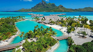 Aerial View of Bora Bora Luxury Overwater Bungalows and Turquoise Lagoon in French Polynesia HD wallpaper
