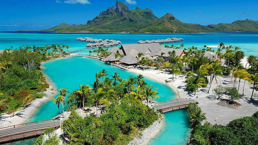 Aerial View of Bora Bora Luxury Overwater Bungalows and Turquoise Lagoon in French Polynesia HD wallpaper