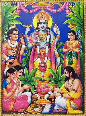 Satyanarayan Swamy Katha Devotional Painting with Family Offering Prayers HD phone wallpaper