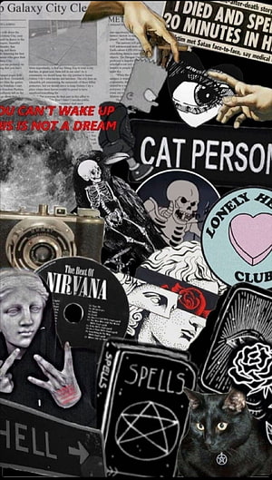 Dark Grunge Aesthetic Collage with Skulls, Black Cat, and Vintage Camera HD phone wallpaper