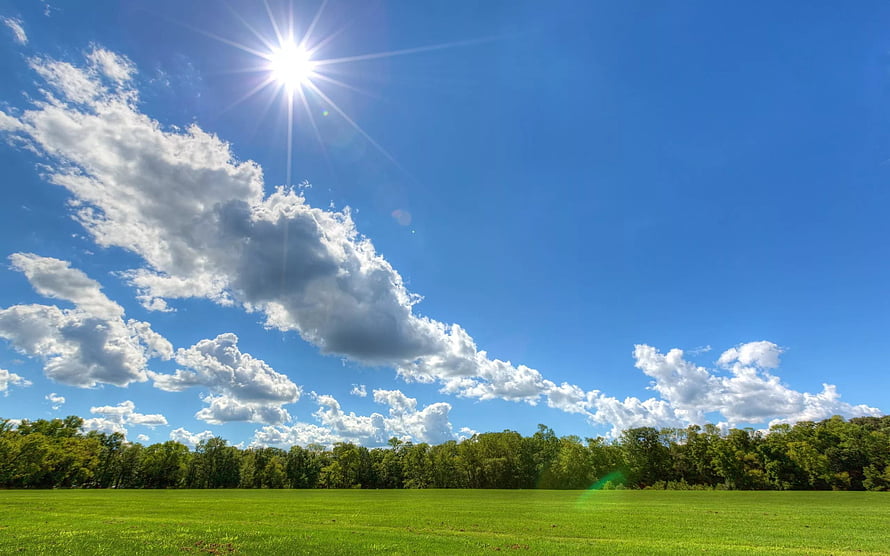 Bright Sun Over Green Meadow With Scattered Clouds And Tree Line HD wallpaper