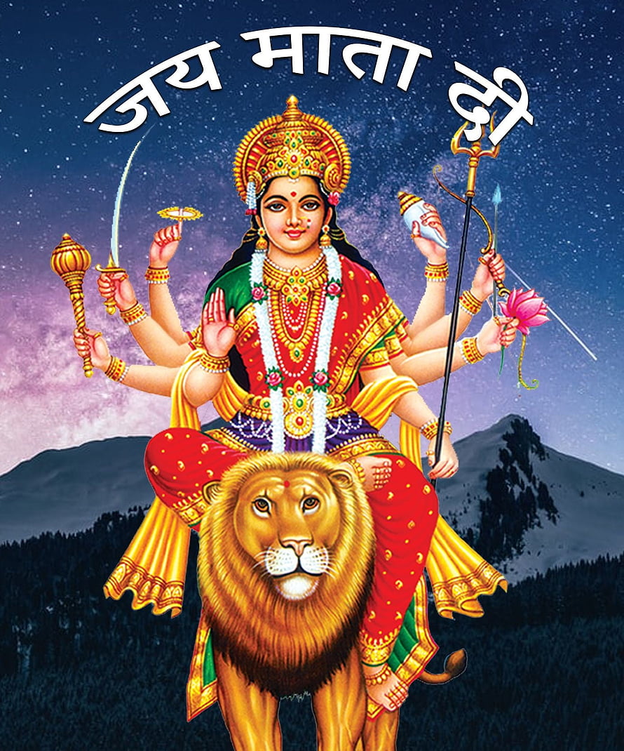 Maa Durga Riding Lion with Multiple Arms Holding Weapons and Lotus HD phone wallpaper