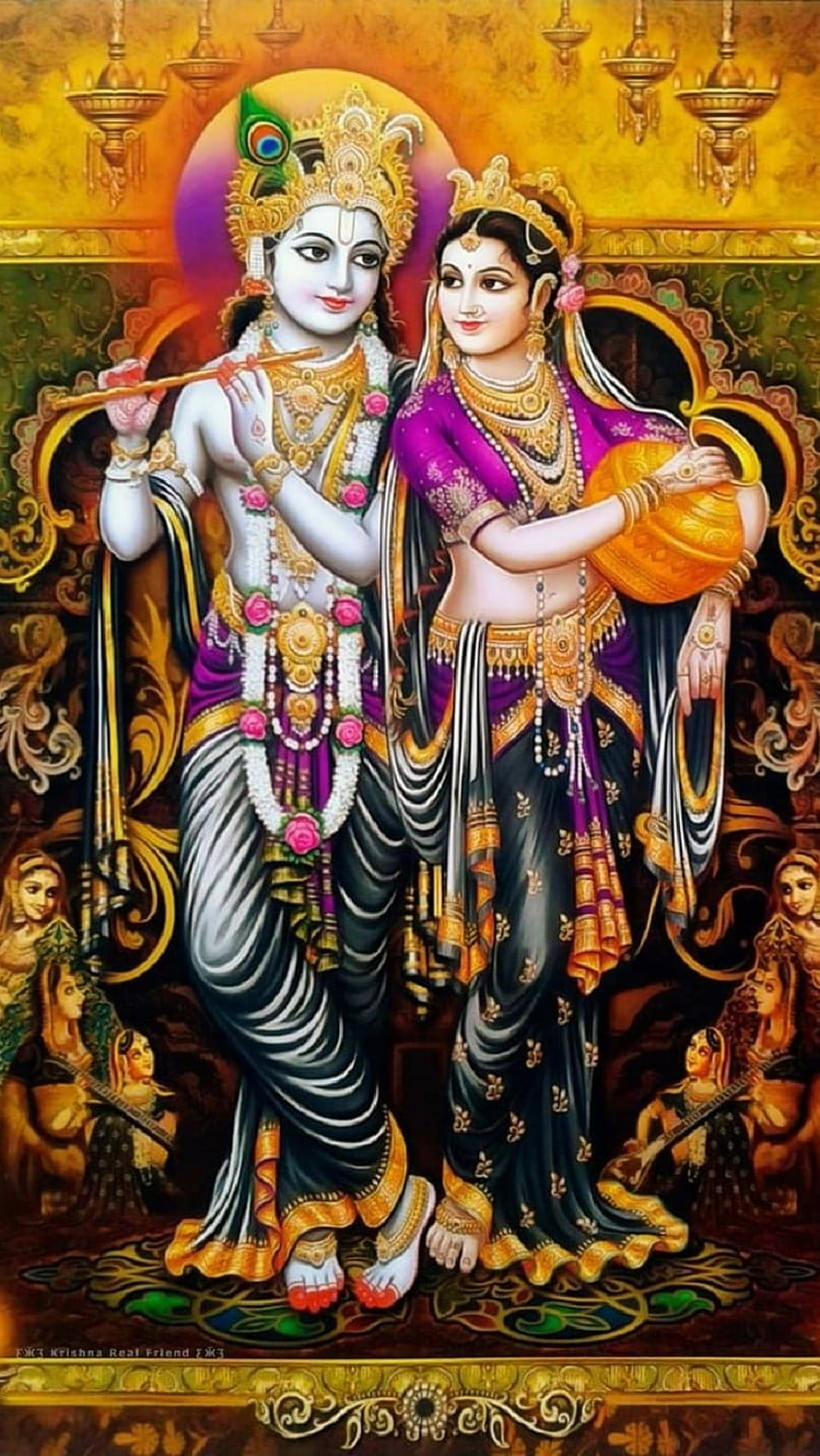 Radha Krishna Divine Portrait with Flute and Pot in Traditional Indian Art HD phone wallpaper
