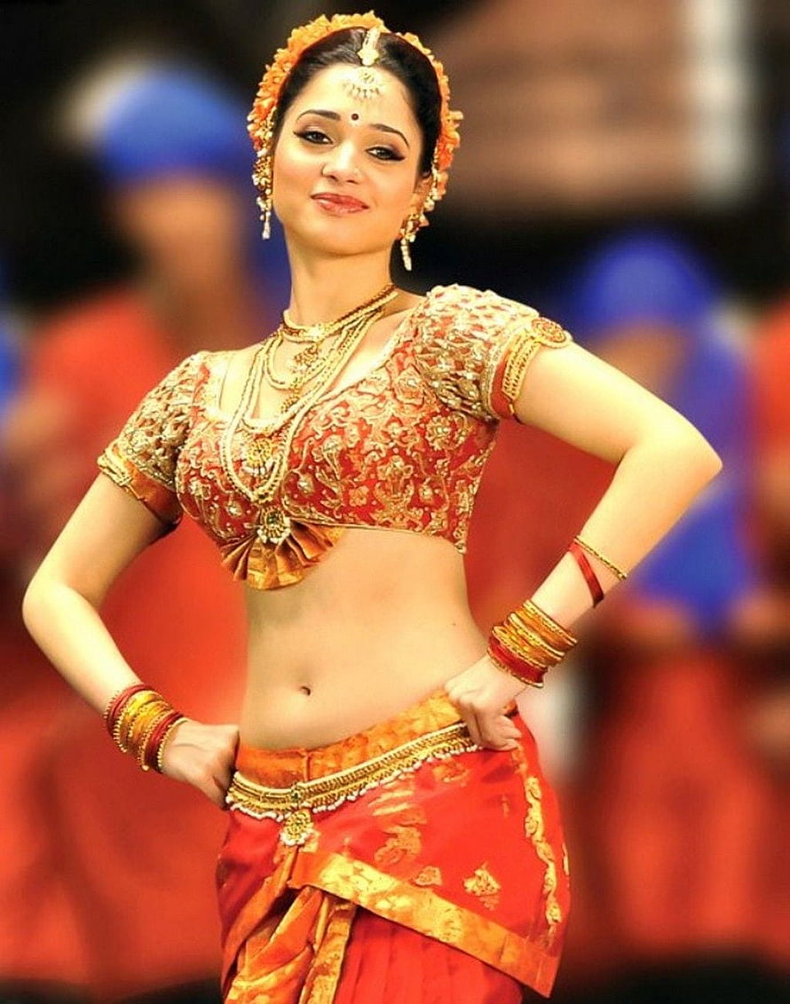 Tamanna Bhatia in Traditional Red and Gold Indian Dance Costume with Jewelry HD phone wallpaper