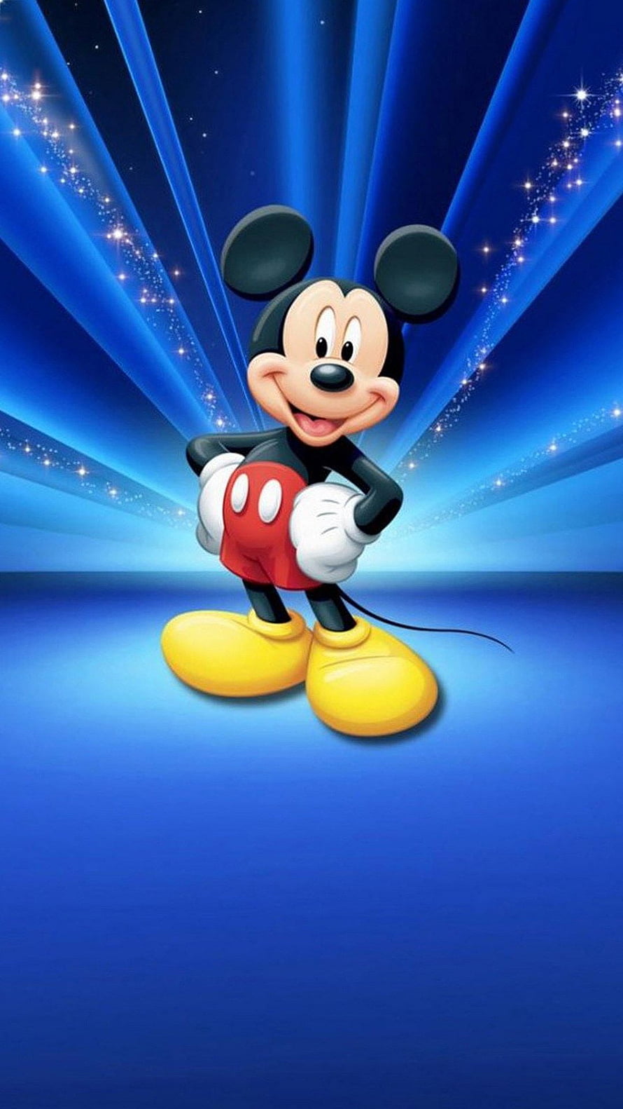 Mickey Mouse Standing in Front of Blue Radiant Light Beams and Sparkles HD phone wallpaper