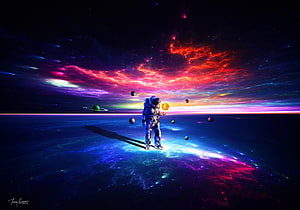 Astronaut Standing on a Glowing Planet Surface Under a Vibrant Nebula Sky HD wallpaper