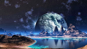 Alien Planet Landscape with Giant Moon and Turquoise Water HD wallpaper