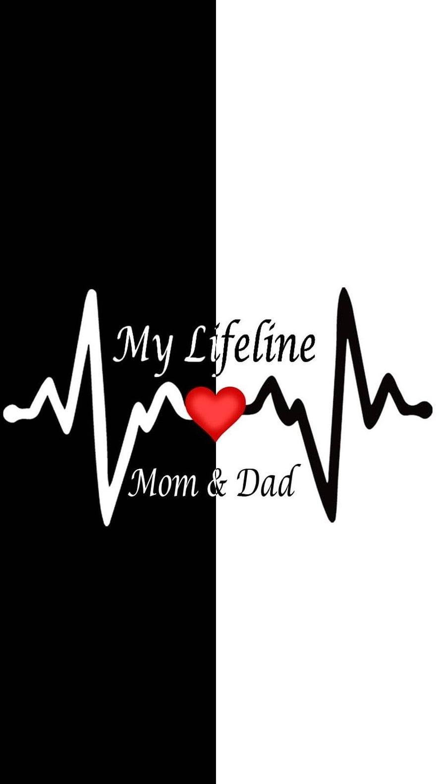 My Lifeline Mom and Dad Heartbeat Design with Red Heart on Black and White Split Background HD phone wallpaper