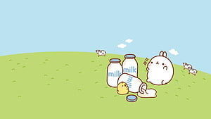 Korean MO Lang Rabbit and Chick with Spilled Milk Bottles on a Green Pasture HD wallpaper