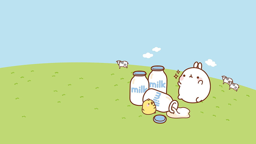 Korean MO Lang Rabbit and Chick with Spilled Milk Bottles on a Green Pasture HD wallpaper