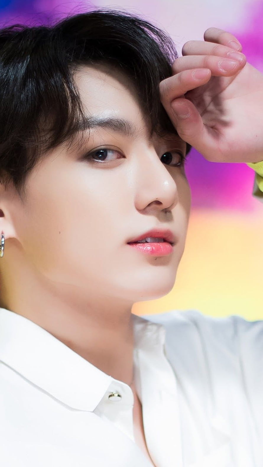 Jungkook BTS Portrait in White Shirt with Vibrant Pastel Background HD phone wallpaper