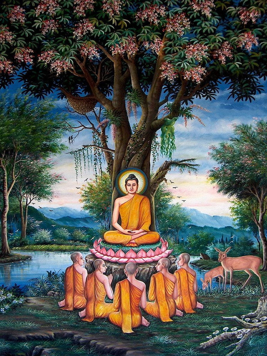 Buddha meditating under a flowering tree with monks and deer in a serene forest landscape HD phone wallpaper