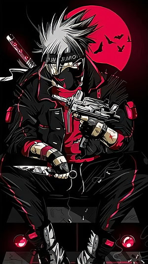 Kakashi Hatake from Naruto in a dark tactical outfit holding a pistol against a red moon backdrop HD phone wallpaper