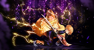 Agatsuma Zenitsu from Demon Slayer in a dynamic kneeling pose with a glowing katana and electric energy effects HD wallpaper