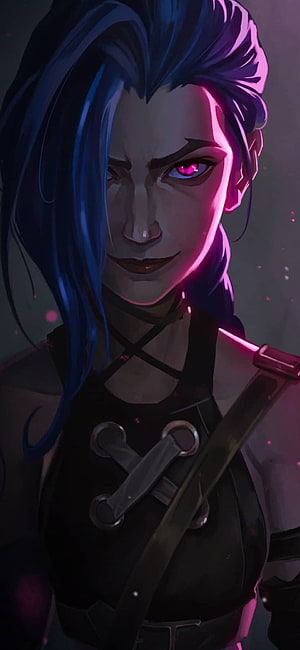 Jinx from Arcane with glowing red eyes and blue hair in dark fantasy digital art HD phone wallpaper