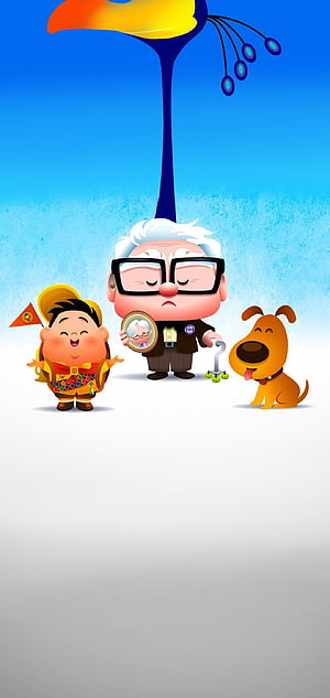 Cute Cartoon Grandpa with Glasses, Boy in Explorer Outfit, and Dog on Blue Background HD phone wallpaper