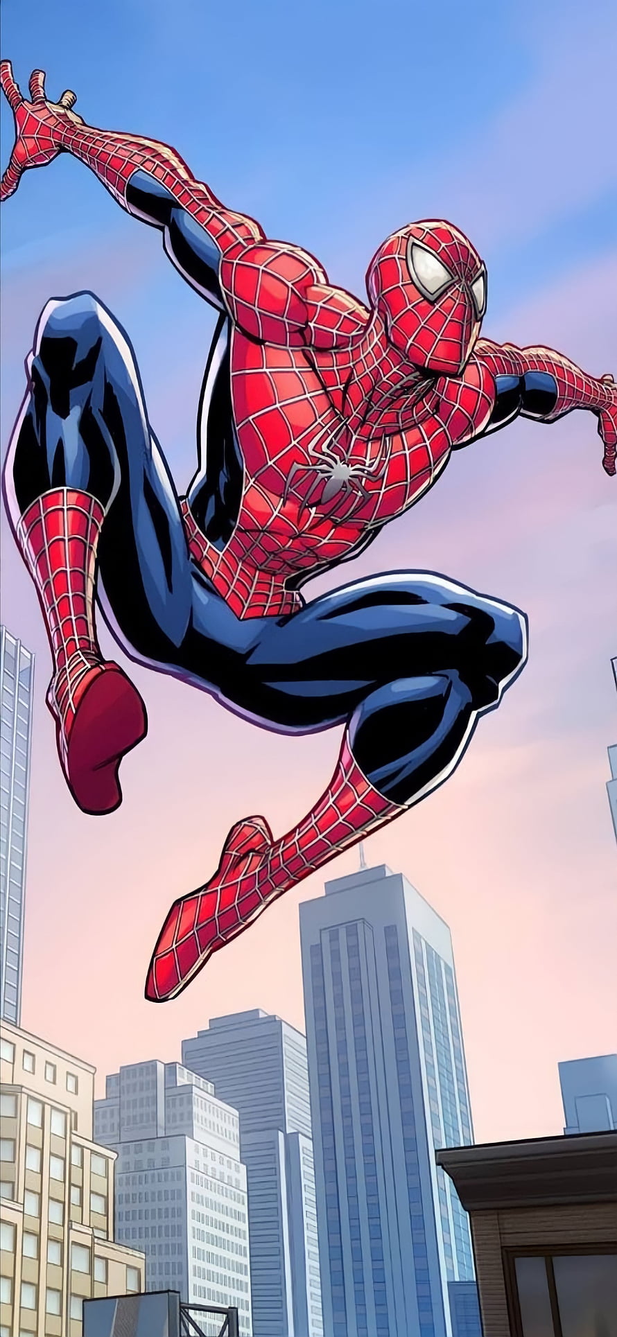 Spider-Man Leaping Through the City Skyline in Classic Comic Style HD phone wallpaper