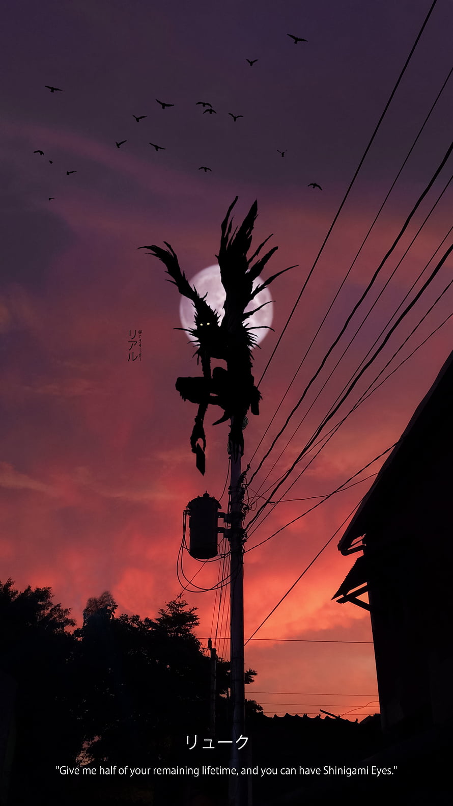 Ryuk Perched on Utility Pole Against Crimson Twilight Sky in Death Note HD phone wallpaper