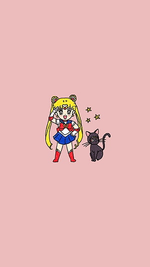 Cute Chibi Sailor Moon and Luna Cat on Soft Pink Background HD phone wallpaper