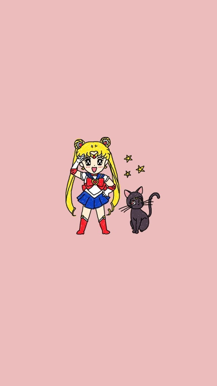 Cute Chibi Sailor Moon and Luna Cat on Soft Pink Background HD phone wallpaper