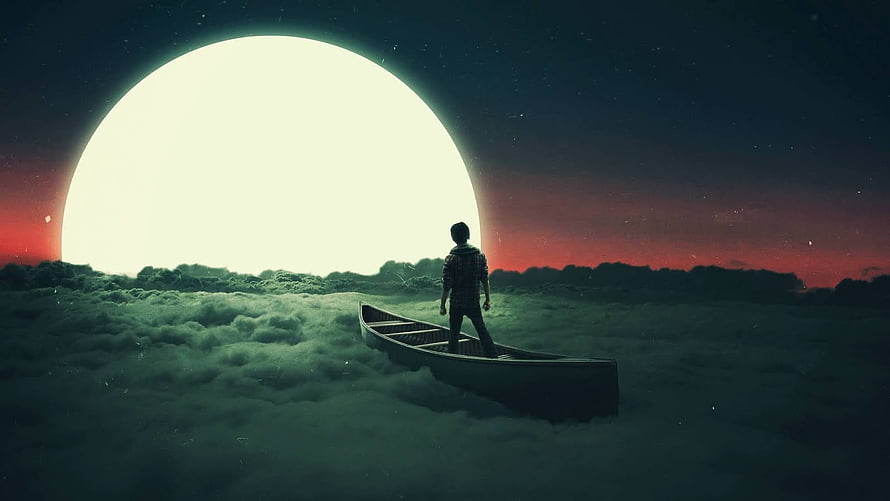 Lonely Boy Standing in Canoe on Sea of Clouds Under Giant Moon HD wallpaper