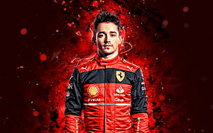 Charles Leclerc in Scuderia Ferrari Racing Suit with Red Ink Splash Background HD wallpaper