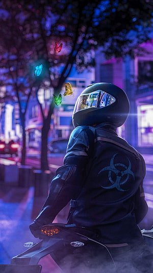 Cyberpunk Rider with Biohazard Jacket and Neon Butterflies in Night City HD phone wallpaper