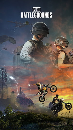 PUBG Battlegrounds promotional art featuring soldiers, motorcycles, and a dramatic stormy sky HD phone wallpaper