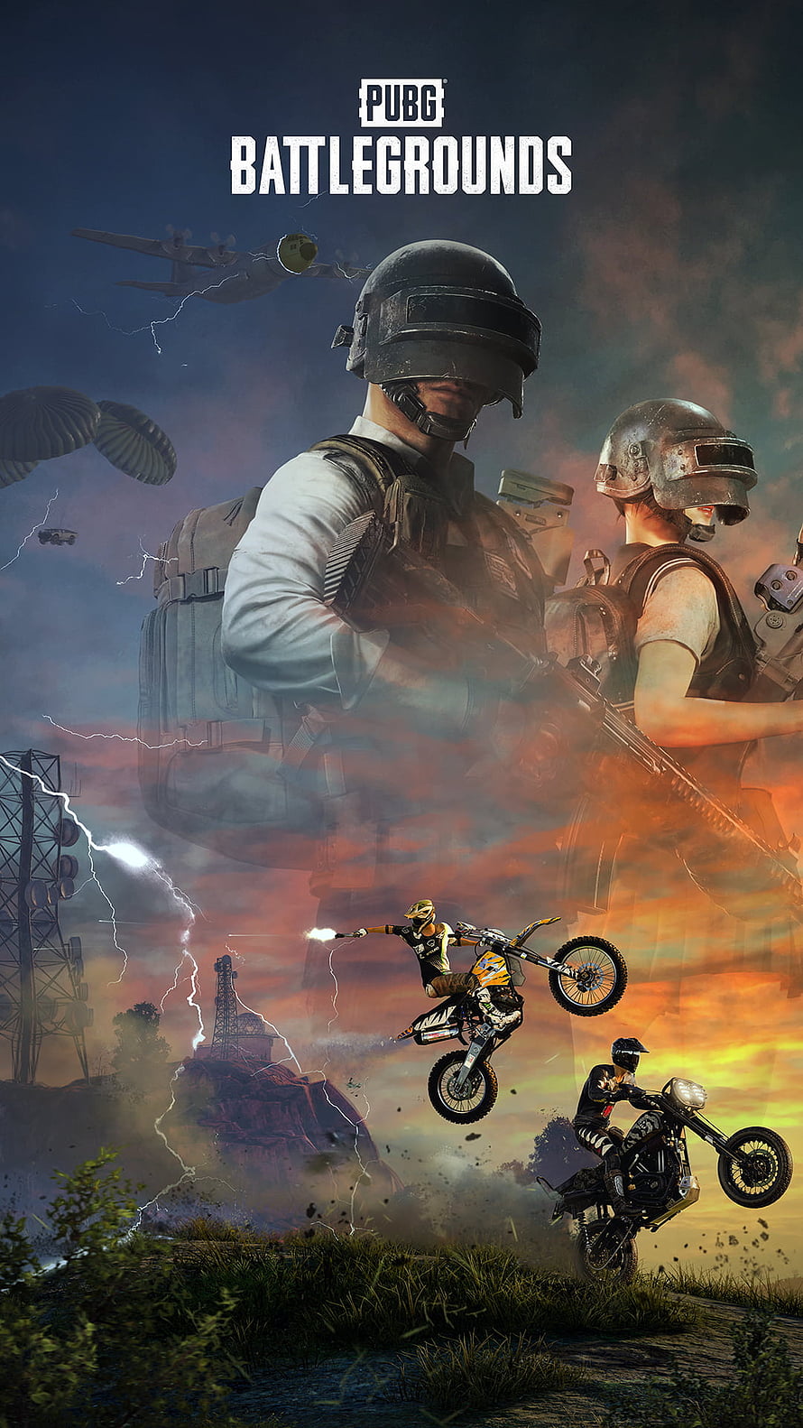 PUBG Battlegrounds promotional art featuring soldiers, motorcycles, and a dramatic stormy sky HD phone wallpaper