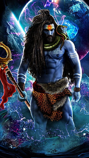 Majestic Lord Shiva Digital Art with Cosmic Nebula Background and Trishul HD phone wallpaper