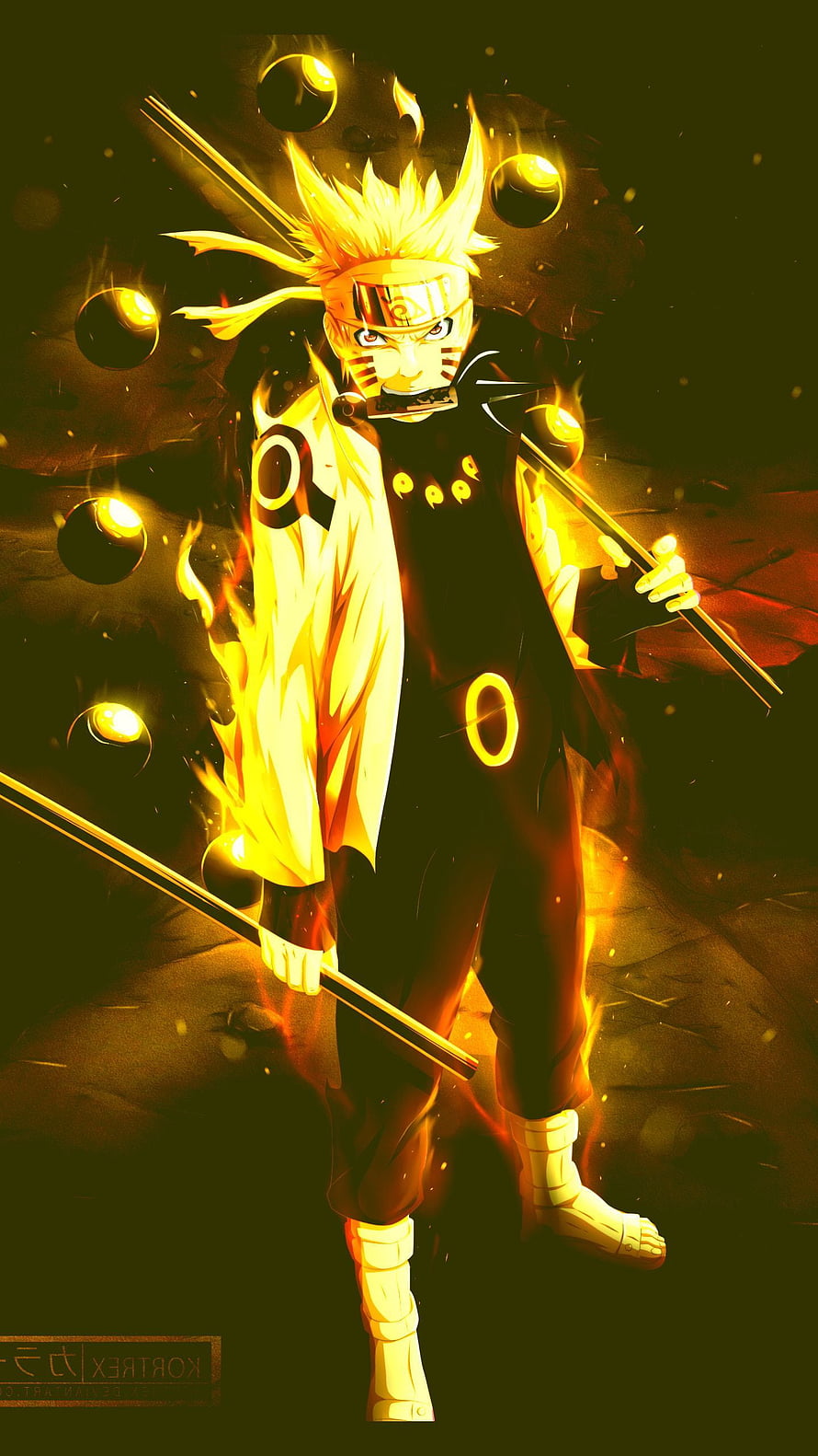 Naruto Uzumaki in Sage Mode wielding dual swords with golden chakra aura and Rasenshuriken orbs HD phone wallpaper