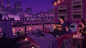 Lofi Hip Hop Illustration of Man Playing Guitar on Rooftop Bed with Shark Plushie, Nobody loves me - Sad lofi mix, Lofi Couple HD wallpaper