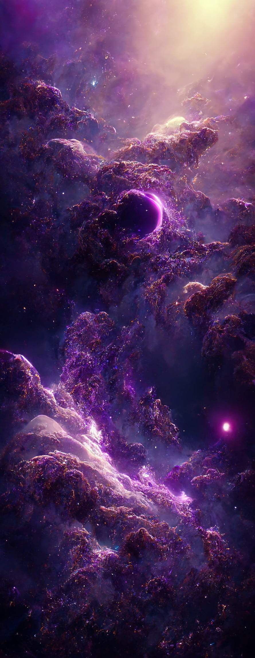 Violet Nebula and Black Hole in Deep Space with Glowing Cosmic Dust and Starlight HD phone wallpaper
