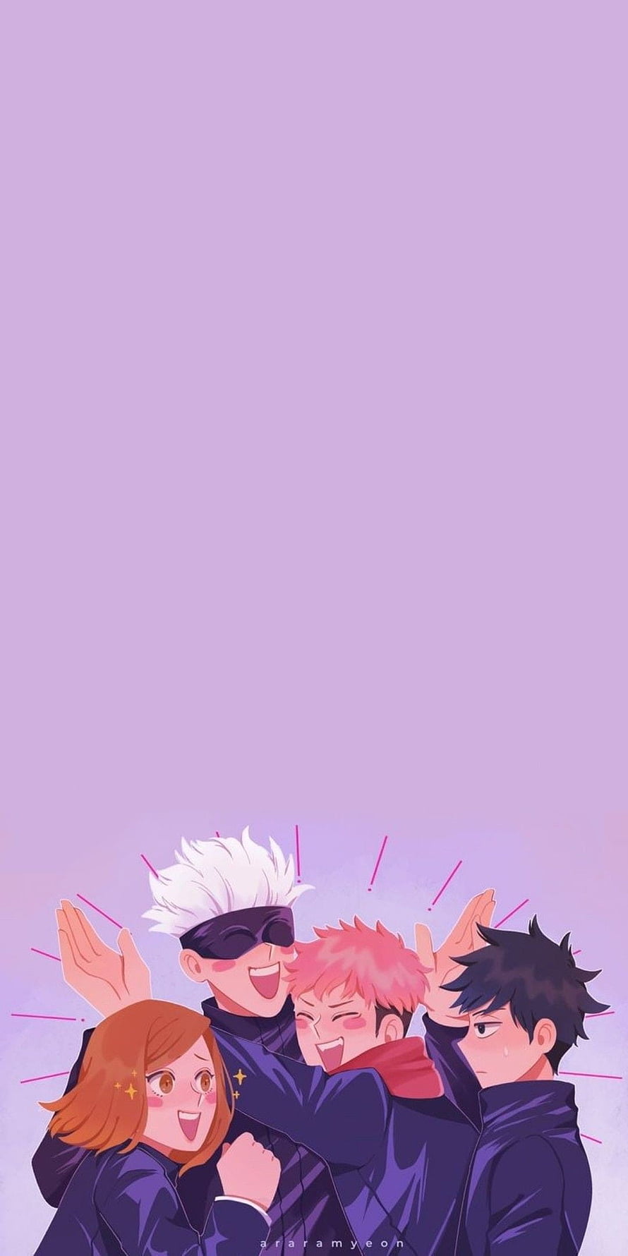Jujutsu Kaisen Group Hug Illustration with Gojo, Sukuna, Megumi, and Nobara HD phone wallpaper