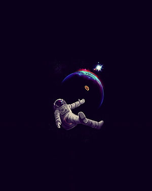 Astronaut Floating in Deep Space Near a Glowing Planet and Bright Star HD phone wallpaper