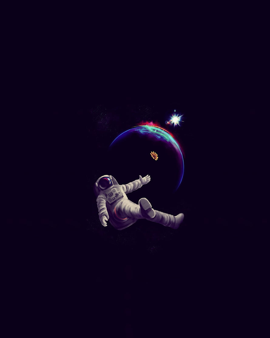 Astronaut Floating in Deep Space Near a Glowing Planet and Bright Star HD phone wallpaper