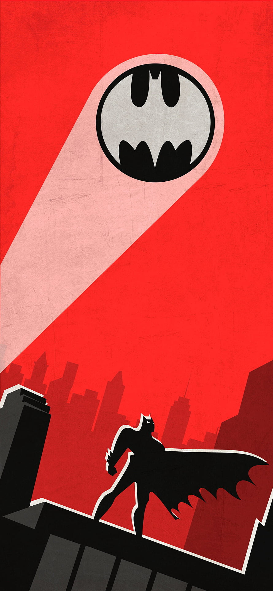Batman Silhouette on Rooftop with Bat-Signal Against Red Sky HD phone wallpaper