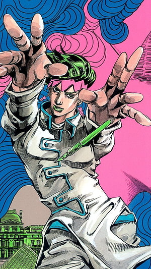 Giorno Giovanna from JoJo's Bizarre Adventure in a dynamic action pose with green hair and white coat HD phone wallpaper