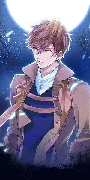 Anime Male Character in Military Coat Under a Full Moon HD phone wallpaper
