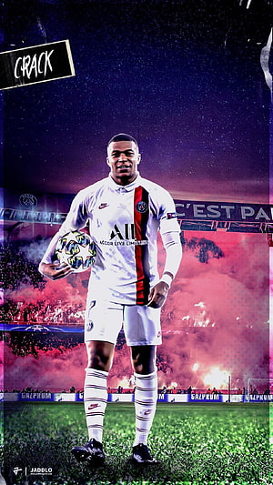 Kylian Mbappe in Paris Saint-Germain Away Kit Holding Champions League Ball HD phone wallpaper