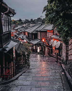 Rainy Stone Street in Traditional Kyoto District with Japanese Architecture HD phone wallpaper