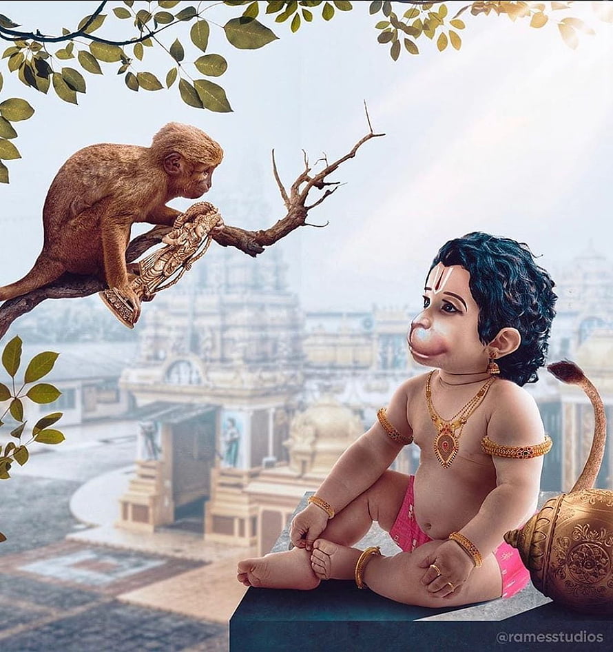Baby Hanuman Sitting with Monkey and Temple in Background HD phone wallpaper